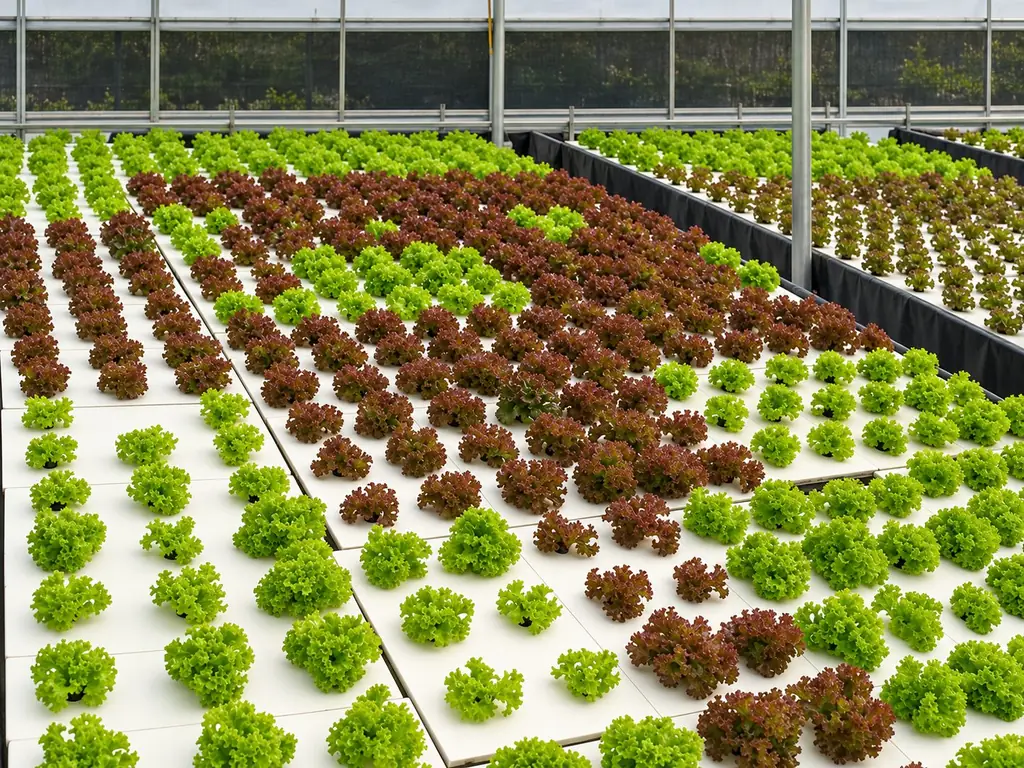Green and red lettuce growing on floating rafts at a Triton Foodworks farm
