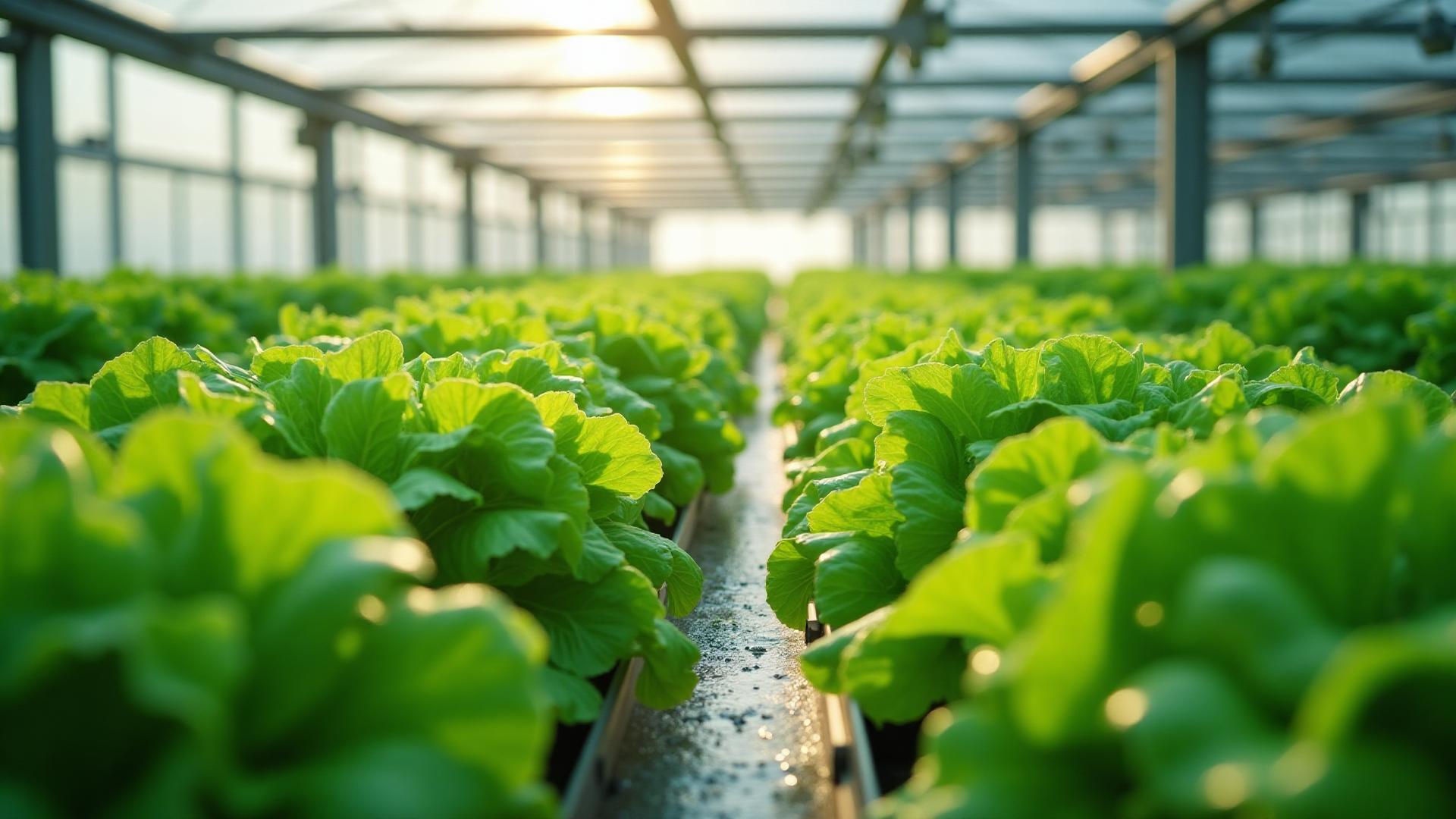 Interior of a hydroponic greenhouse with rows of leafy greens under climate control